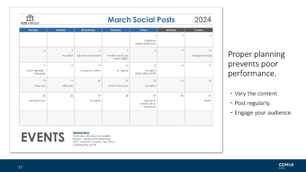 CCM&A Social media calendar planning and execution.